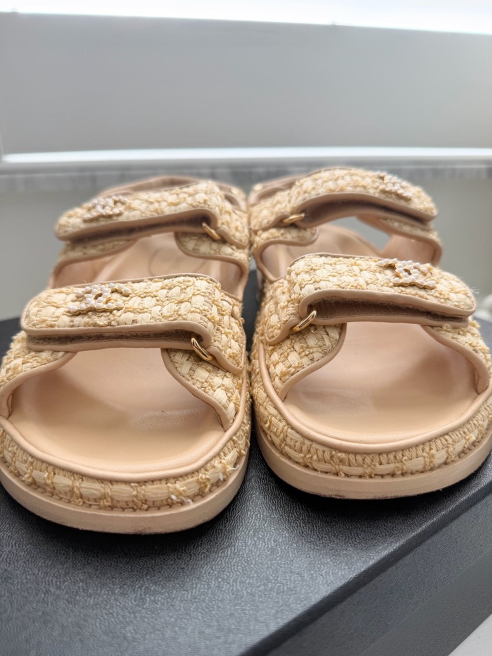 CHANEL Raffia Pearl Dad Sandals 37 Beige 21C CC Logo Velcro - Picture 5 of 16